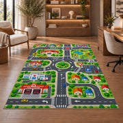 town road play map rug displayed in a living room with wooden shelves