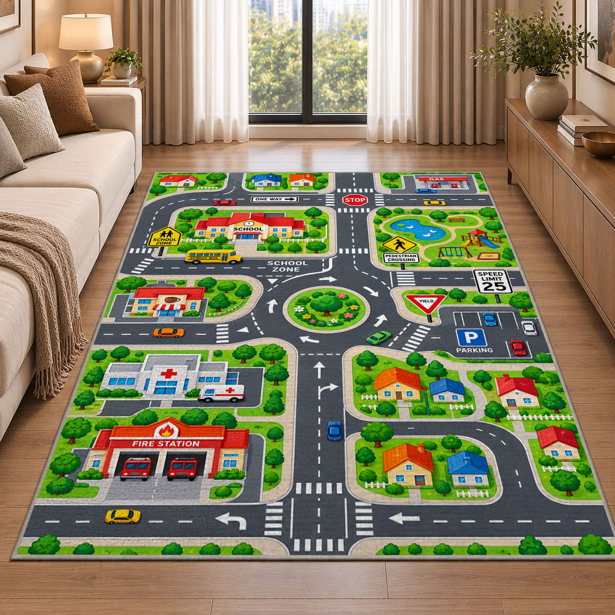 town road play map rug displayed in a sunlit lounge beside a sofa