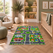 town road play map rug displayed in a nursery beside an upholstered chair