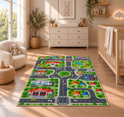 town road play map rug displayed in a nursery beside a crib
