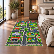 town road play map rug displayed in a bedroom beside the bed