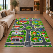 town road play map rug displayed in a living room with a fireplace
