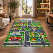 town road play map rug displayed in a lounge with wooden shelves