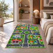 town road play map rug displayed in a bedroom in sunlight