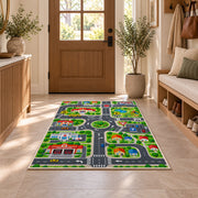 town road play map rug displayed in a entryway beside a wooden door