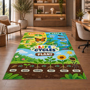 plant and animal life cycle learning rug displayed in a living room with wooden shelves