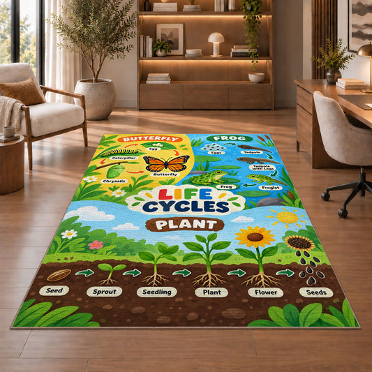plant and animal life cycle learning rug displayed in a living room with wooden shelves