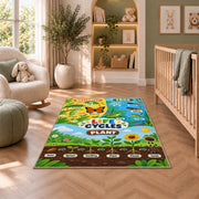 plant and animal life cycle learning rug displayed in a nursery beside an upholstered chair
