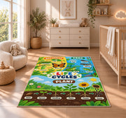 plant and animal life cycle learning rug displayed in a nursery beside a crib