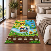 plant and animal life cycle learning rug displayed in a bedroom beside the bed