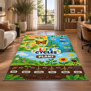 plant and animal life cycle learning rug displayed in a lounge with wooden shelves