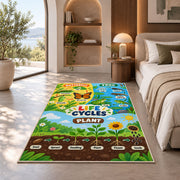 plant and animal life cycle learning rug displayed in a bedroom in sunlight