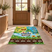 plant and animal life cycle learning rug displayed in a entryway beside a wooden door