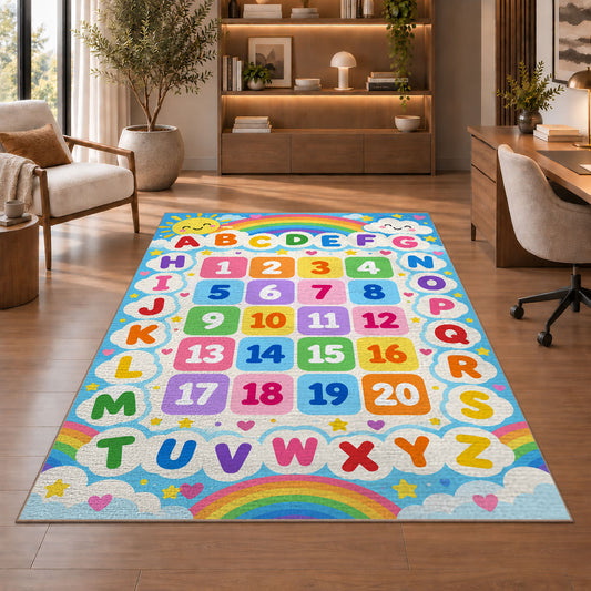 rainbow alphabet and numbers rug displayed in a living room with wooden shelves