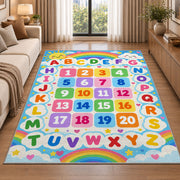 rainbow alphabet and numbers rug displayed in a sunlit lounge beside a sofa