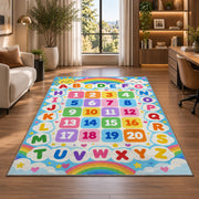rainbow alphabet and numbers rug displayed in a lounge with wooden shelves
