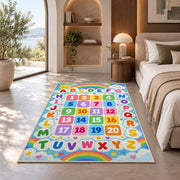 rainbow alphabet and numbers rug displayed in a bedroom in sunlight
