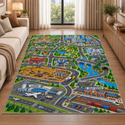 city airport road map rug displayed in a sunlit lounge beside a sofa