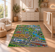 city airport road map rug displayed in a nursery beside a crib