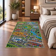 city airport road map rug displayed in a bedroom beside the bed