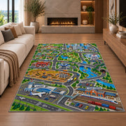 city airport road map rug displayed in a living room with a fireplace