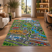 city airport road map rug displayed in a lounge with wooden shelves