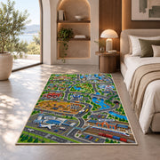 city airport road map rug displayed in a bedroom in sunlight