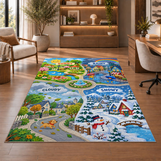 weather town road map rug displayed in a living room with wooden shelves
