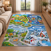 weather town road map rug displayed in a sunlit lounge beside a sofa