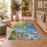 weather town road map rug displayed in a nursery beside an upholstered chair