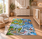weather town road map rug displayed in a nursery beside a crib