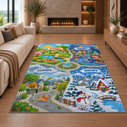 weather town road map rug displayed in a living room with a fireplace