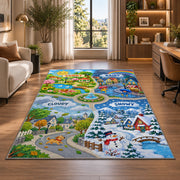 weather town road map rug displayed in a lounge with wooden shelves