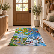 weather town road map rug displayed in a entryway beside a wooden door