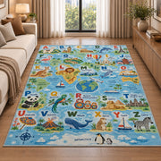 animal world map alphabet rug displayed in a sunlit lounge beside a sofa
