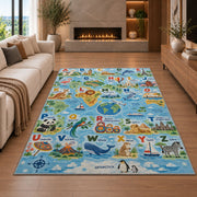 animal world map alphabet rug displayed in a living room with a fireplace