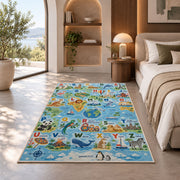 animal world map alphabet rug displayed in a bedroom in sunlight