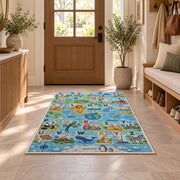 animal world map alphabet rug displayed in a entryway beside a wooden door