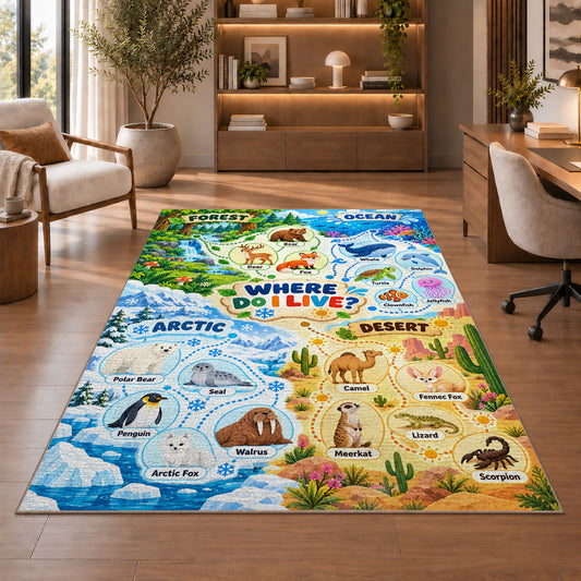 animal habitat find and learn chart rug displayed in a living room with wooden shelves