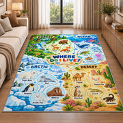 animal habitat find and learn chart rug displayed in a sunlit lounge beside a sofa