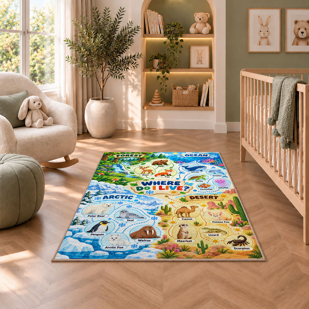 animal habitat find and learn chart rug displayed in a nursery beside an upholstered chair