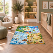 animal habitat find and learn chart rug displayed in a nursery beside an upholstered chair
