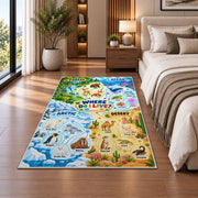 animal habitat find and learn chart rug displayed in a bedroom beside the bed
