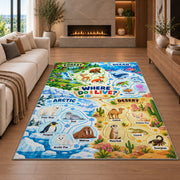 animal habitat find and learn chart rug displayed in a living room with a fireplace