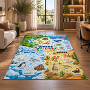 animal habitat find and learn chart rug displayed in a lounge with wooden shelves