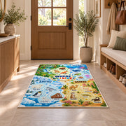animal habitat find and learn chart rug displayed in a entryway beside a wooden door