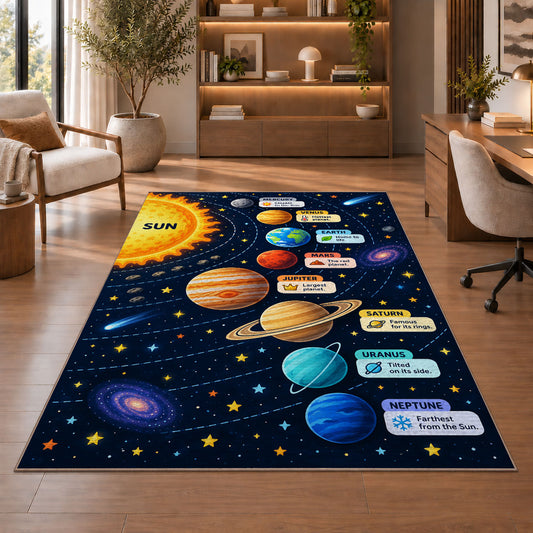 solar system planet learning chart rug displayed in a living room with wooden shelves