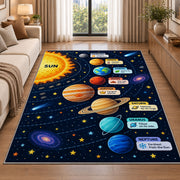 solar system planet learning chart rug displayed in a sunlit lounge beside a sofa