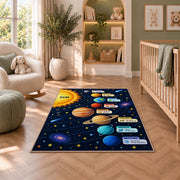 solar system planet learning chart rug displayed in a nursery beside an upholstered chair