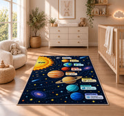 solar system planet learning chart rug displayed in a nursery beside a crib